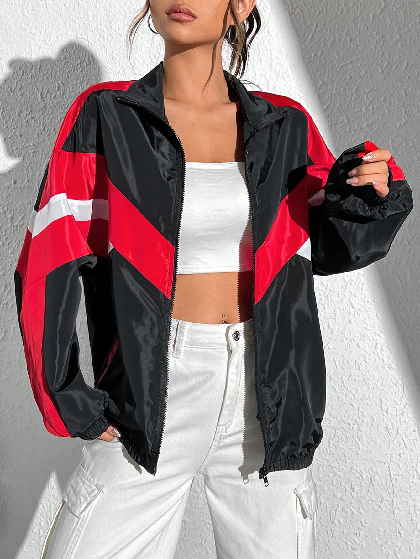Colorblock Zip Up Windbreaker Jacket Without Cami Top